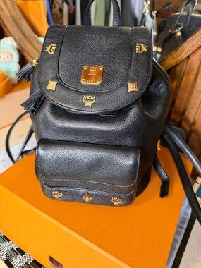 MCM Black Leather Mini Backpack with Gold Hardware